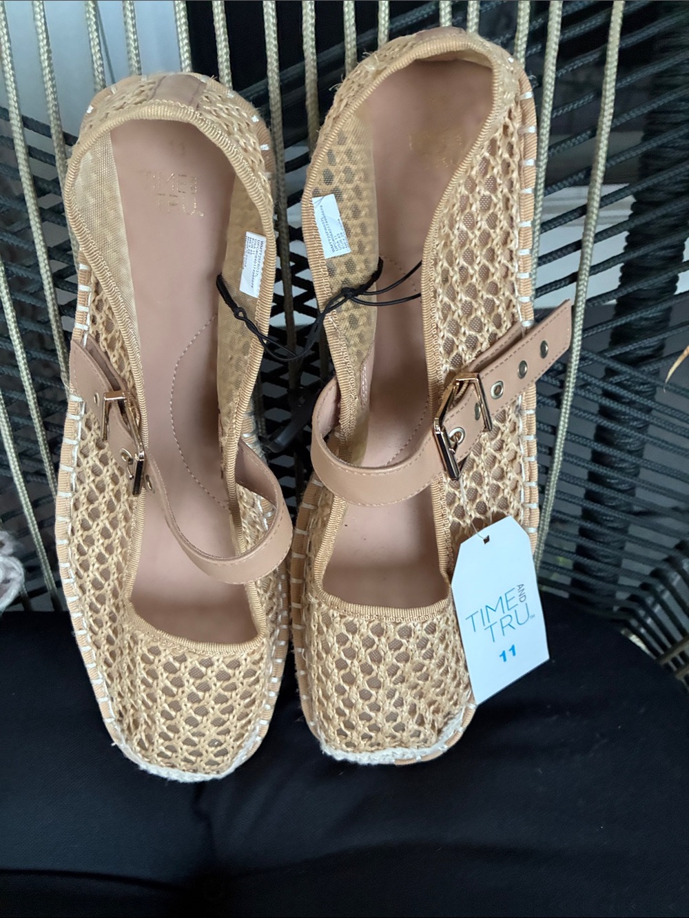 Time and Tru Tan Woven Mary Jane Espadrille Flats with Buckle Strap